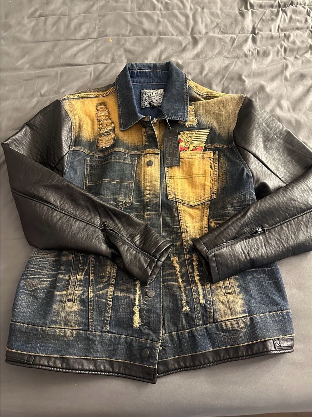 Affliction Two-Tone Washed Denim Jacket in Blue & Black